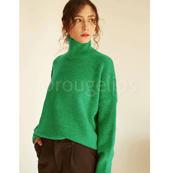 Forrest Green Knit Turtleneck Pullover Sweater Long Sleeve Drop Shoulder - Picture 6 of 17